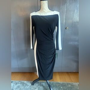 NWT size 6. Lauren Ralph Lauren Black w/White colorblocked rouched Sheath Dress